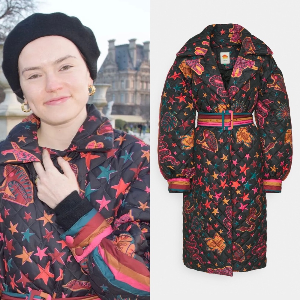 NWT FARM Rio Black Animal Sky Puffer Jacket Size XS ASO Daisy Ridley